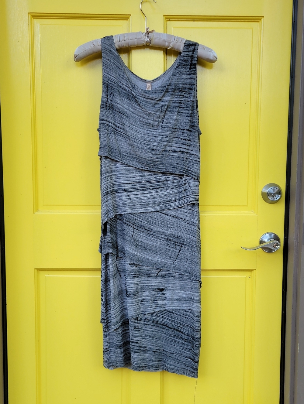 Dressed Gray Abstract Layered Asymmetrical Sleeveless Sheath Dress Made in USA